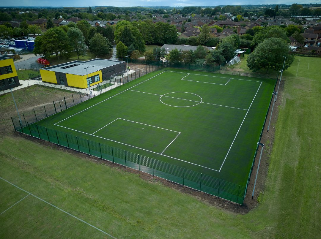 Sandy Secondary School MAC Groundwork Contractors 3G Sports Pitch Artificial Turf Aerial View 3G sports pitch for Sandy Secondary School installed by MAC Groundwork