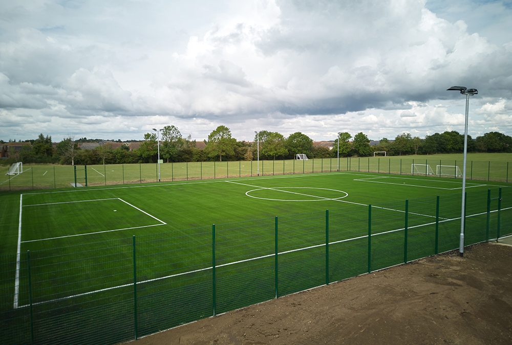 Sandy Secondary School MAC Groundwork Contractors 3G Sports Pitch Artificial Turf Side View 3G sports pitch installed by MAC Groundwork for Sandy Secondary School