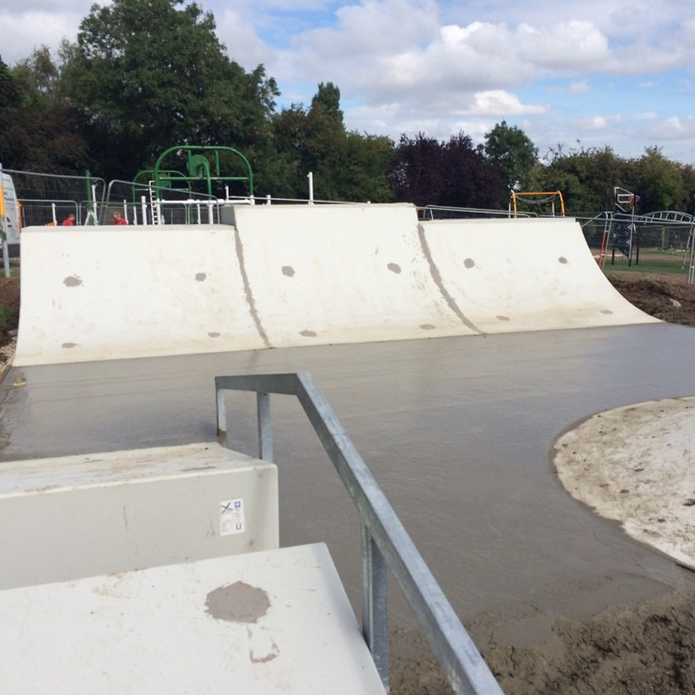 Skate park installation Civils and groundworks, finishing concrete foundations for commercial site at Bet365 Stadium, Stoke-on-Trent.