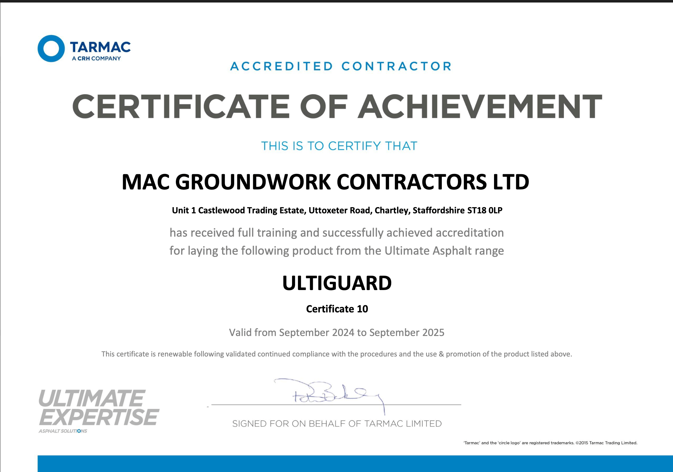 MAC Groundwork Contractors Ltd Tarmac ULTIGUARD accreditation